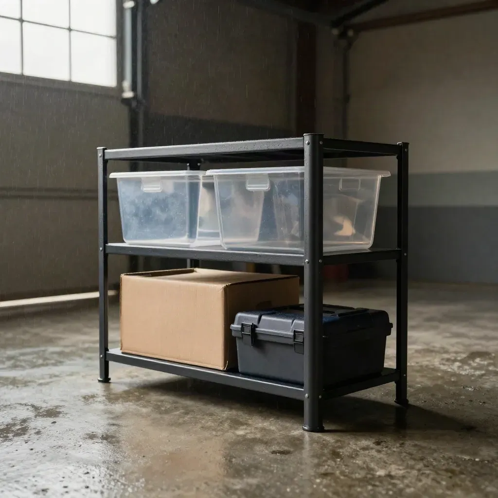 Matte black steel shelf unit with bins, box, tote and toolbox in a misty garage hero shot.