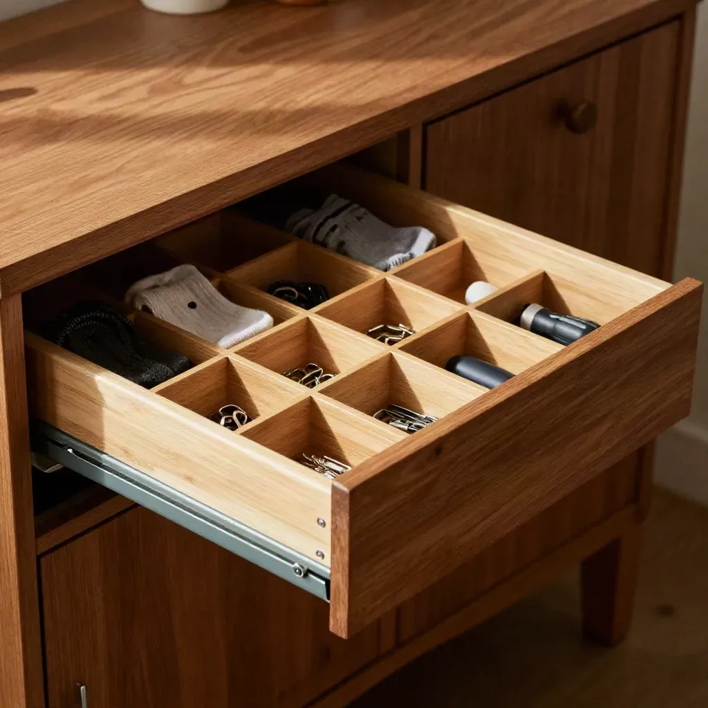 Open drawer with bamboo divider set sorting socks, cords and tools in warm oak.