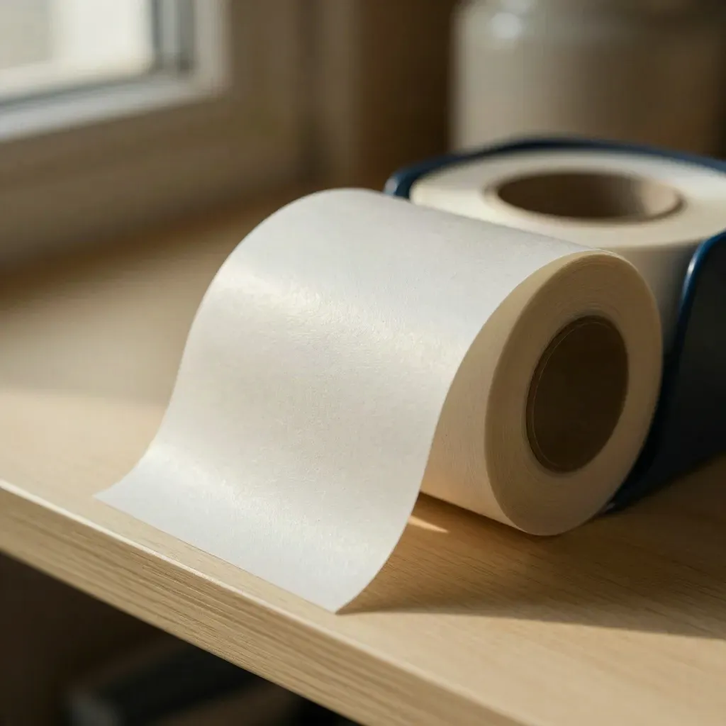 Macro of blank adhesive label sheets and a navy-edged dispenser on a pantry shelf.