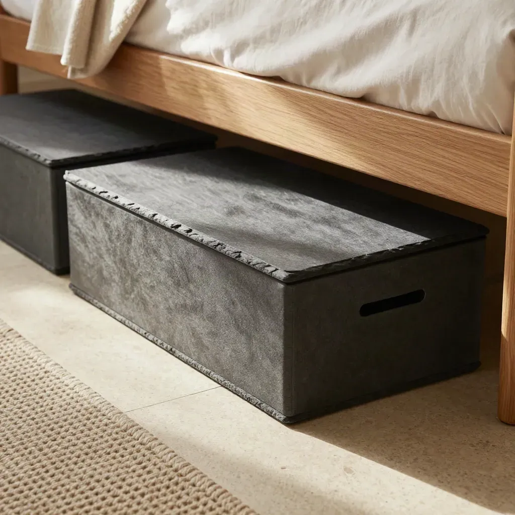 Under-bed storage box sliding beside a bed skirt on a woven rug in soft light.