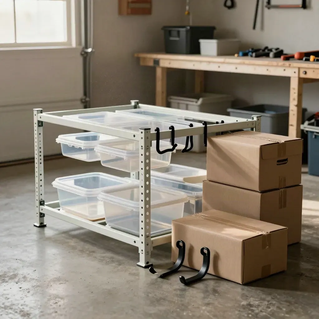 Garage storage kit with rack parts, clear bins, hooks, and moving boxes on a concrete floor
