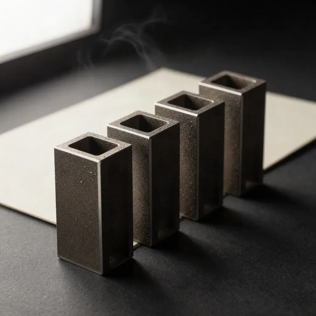 Four dark bed lift risers in dramatic studio light on black with mist and a pale backing card.