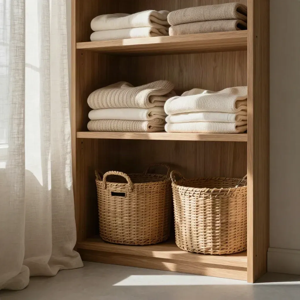 Warm oak closet alcove with linen curtains, baskets and folded sweaters in soft morning light.