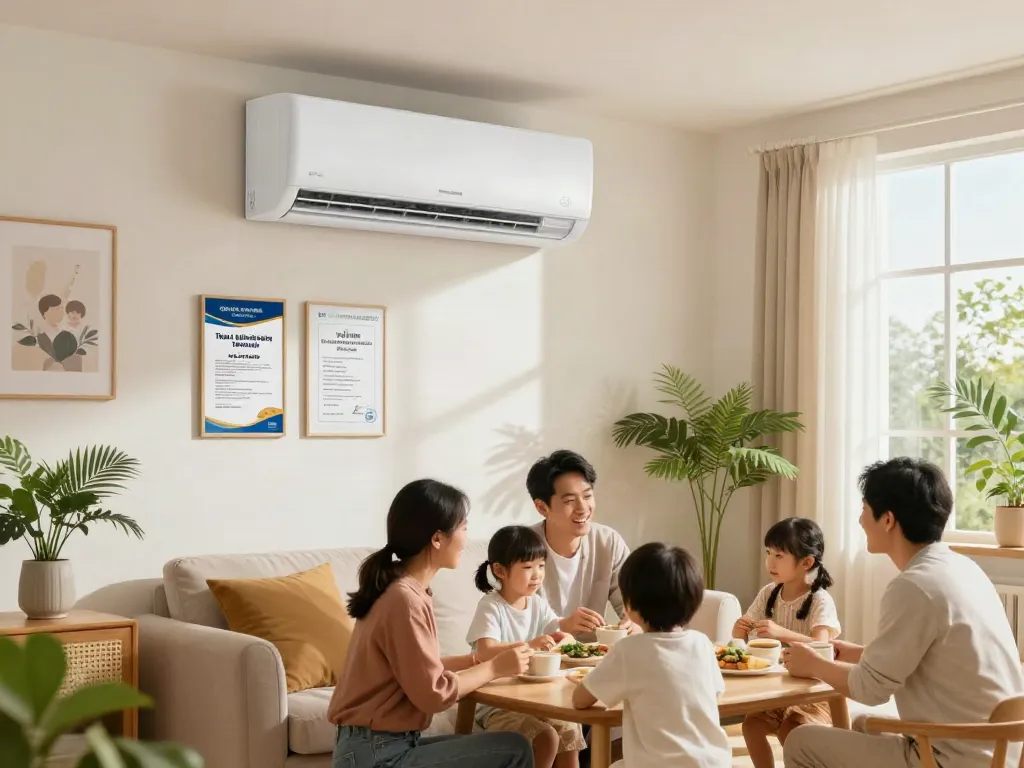 Ductless AC unit in a cozy living room with family enjoying comfortable space together.