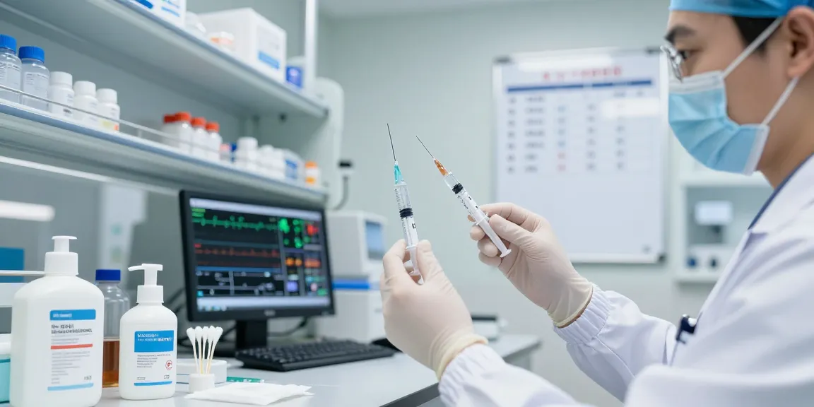 A healthcare professional preparing a 10 ML syringe in a bright laboratory with medical supplies.